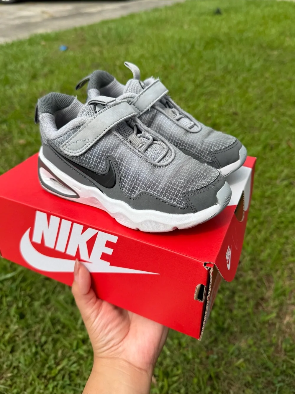 Nike Kids Grey Velcro Sneakers with Black Swoosh